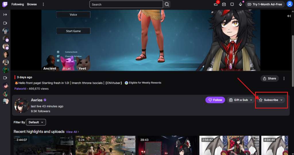 screenshot showing a streamer channal on twich and point out the subcribe button to click