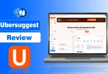 Ubersuggest review dashboard showing keyword research, site audit, competitor analysis, backlink analysis, rank tracking, and AI SEO tools.