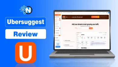 Ubersuggest review dashboard showing keyword research, site audit, competitor analysis, backlink analysis, rank tracking, and AI SEO tools.