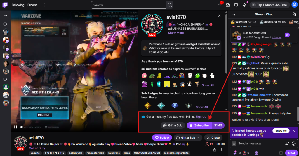 Screenshot of clicked subscribe button on the twitch streamer channal