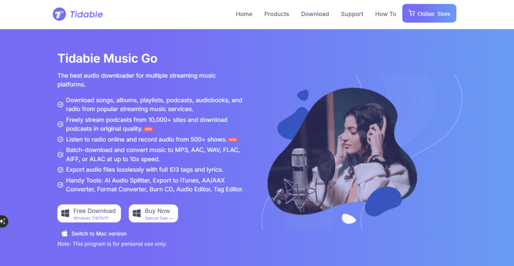 screenshot of Tidabie Music Go's homepage by NogenTech