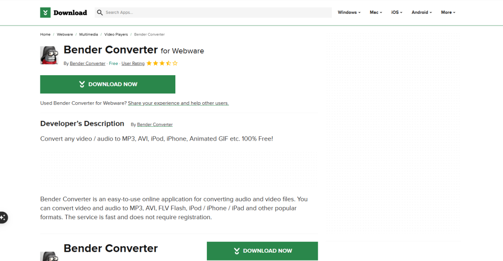 screenshot of Download's bender converter download page by NogenTech