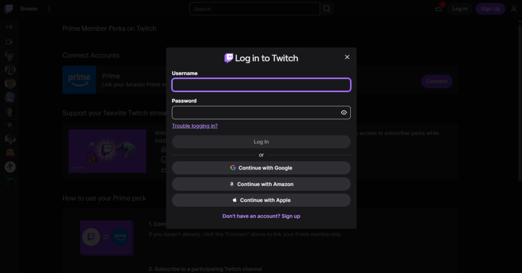 Screenshot of log in page of Twitch