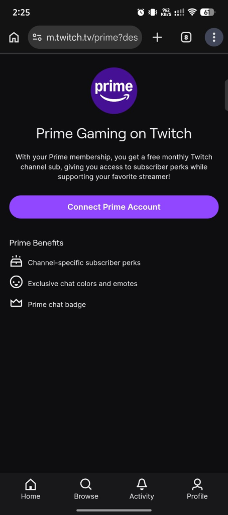 Screenshot of openining prime gaming on twitch website on mobile