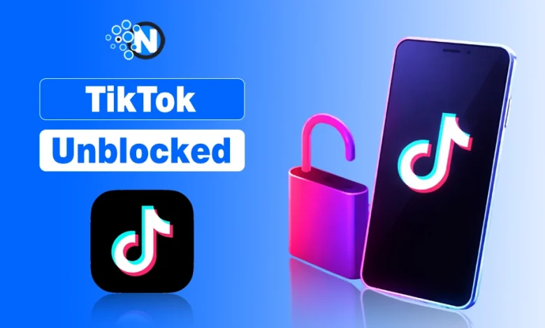 Gemini said An image featuring the TikTok logo on a smartphone screen next to an open pink padlock, with the bold text "TikTok Unblocked" and a blue circular "N" logo in the upper left corner, all set against a vibrant blue gradient background.
