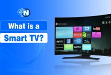 Graphic of a Curved smart TV displaying streaming apps like Netflix, YouTube, Hulu, Spotify, and Facebook on the home screen promoting the blog post title "What is a Smart TV" for NogenTech.og