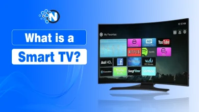 Graphic of a Curved smart TV displaying streaming apps like Netflix, YouTube, Hulu, Spotify, and Facebook on the home screen promoting the blog post title "What is a Smart TV" for NogenTech.og