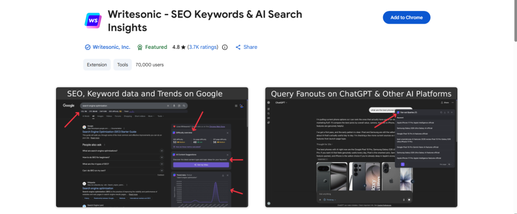 Writesonic extension for SEO and Search with GPT screenshot