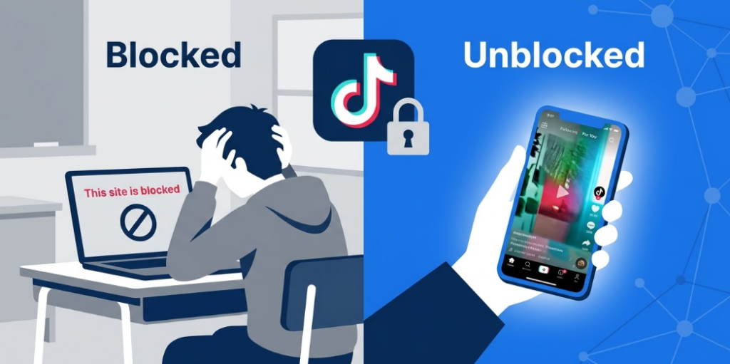 Image showing the tiktok blocked and unblocked by Nogentech.org