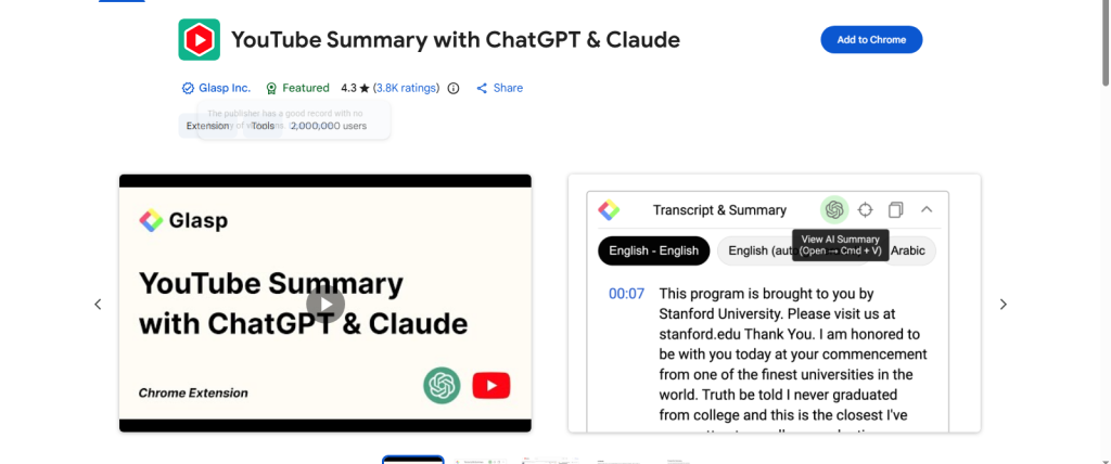 YouTube Summary with ChatGPT home page screenshot