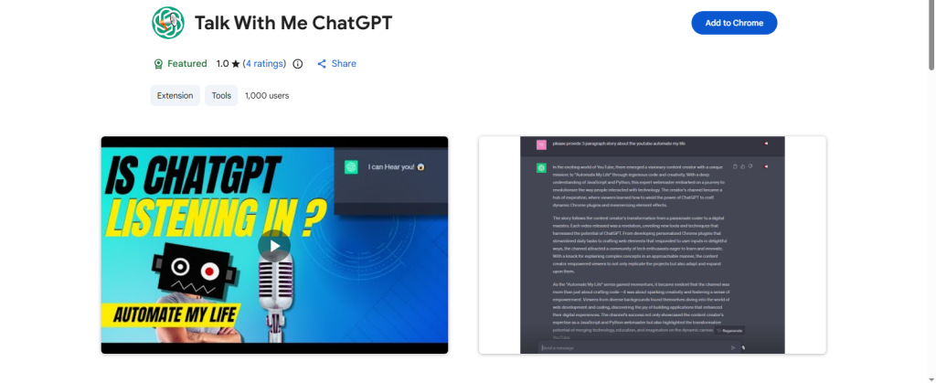 Talk With Me ChatGpt extenshion page screenshot