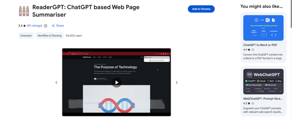 ReaderGPT homepage of extension for chrome screenshot