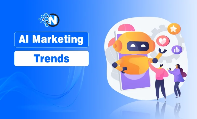 Illustration showing AI marketing trends with digital marketing automation and AI-powered business growth concepts.