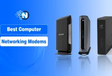 Top computer networking modems from Netgear, Motorola, and Hitron displayed side by side against a blue gradient background, highlighting top modem choices.