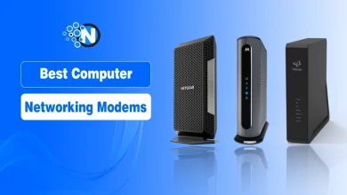 Top computer networking modems from Netgear, Motorola, and Hitron displayed side by side against a blue gradient background, highlighting top modem choices.
