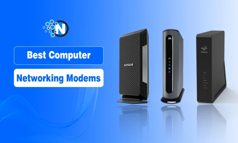 Top computer networking modems from Netgear, Motorola, and Hitron displayed side by side against a blue gradient background, highlighting top modem choices.