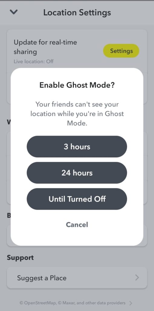 Scrrenshot of options showing for android for ghost mode on snapchat by nogenTech