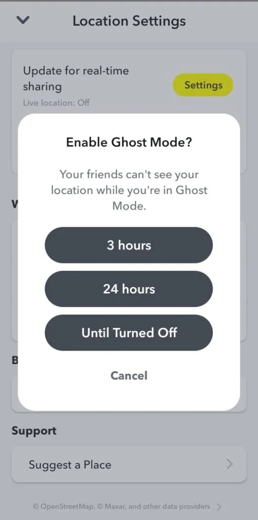 Scrrenshot of options showing for android for ghost mode on snapchat by nogenTech
