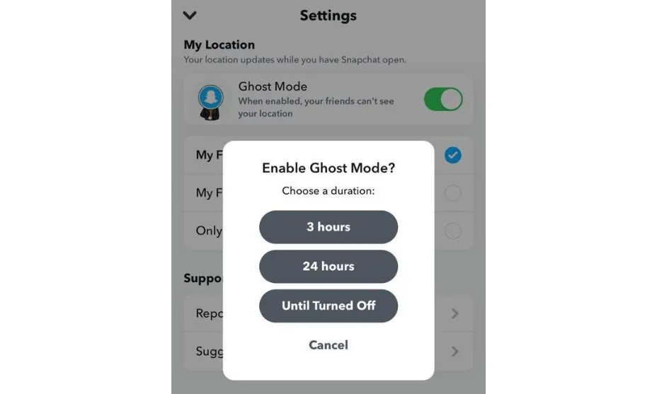 Screenshot showing options of duration for Ghost Mode NogenTech