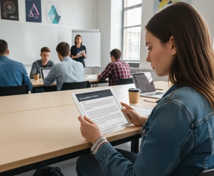 A female student reading an eBook in the classroom