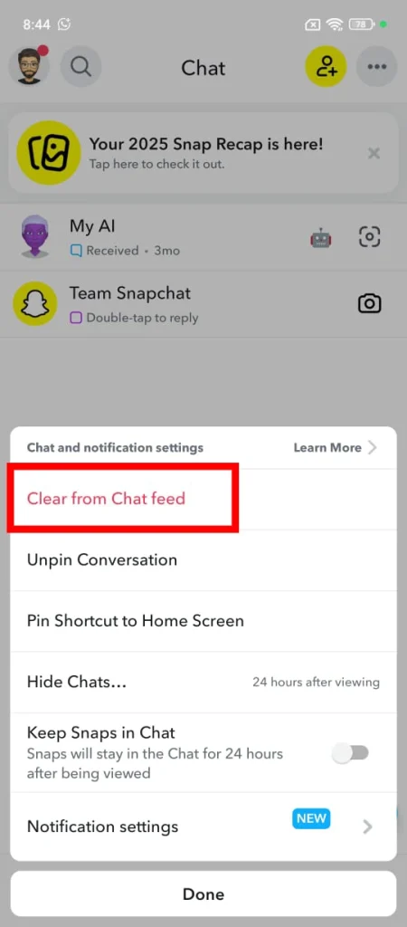 Tap Clear from Chat Feed.
