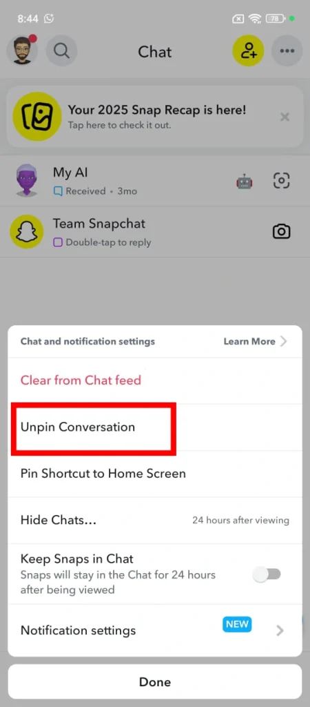 Tap Unpin Conversation.