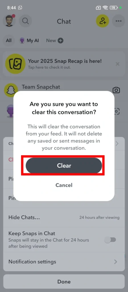 Confirm by tapping Clear.