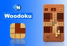 Woodoku wood block puzzle game with logo and Sudoku-inspired 9×9 wooden game board