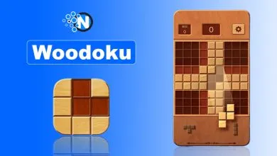 Woodoku wood block puzzle game with logo and Sudoku-inspired 9×9 wooden game board