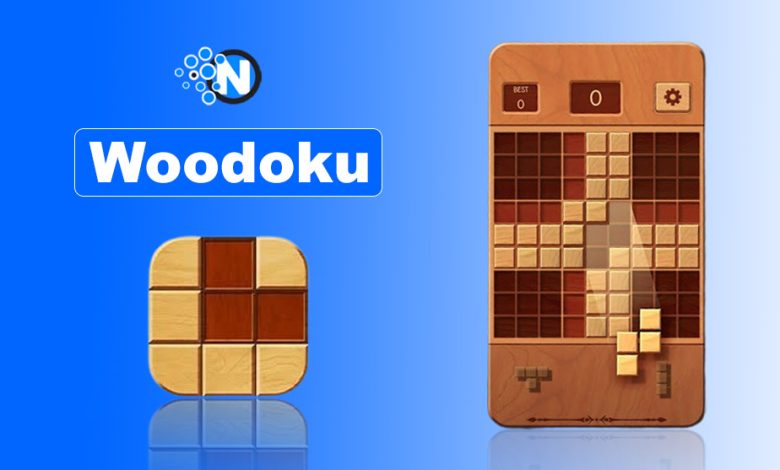 Woodoku wood block puzzle game with logo and Sudoku-inspired 9×9 wooden game board