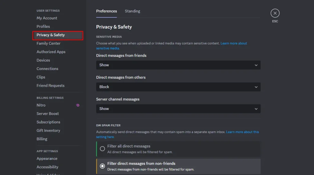 Privacy and Safety option from this panel