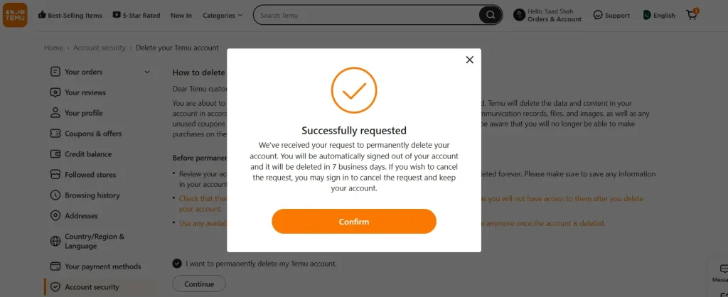 Confirm the delete Process