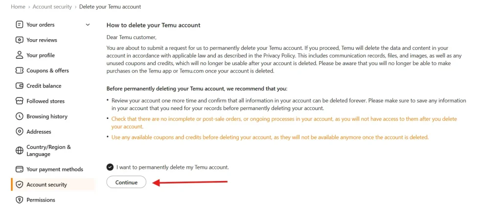 Fill the checkbox and click on the Continue button.
