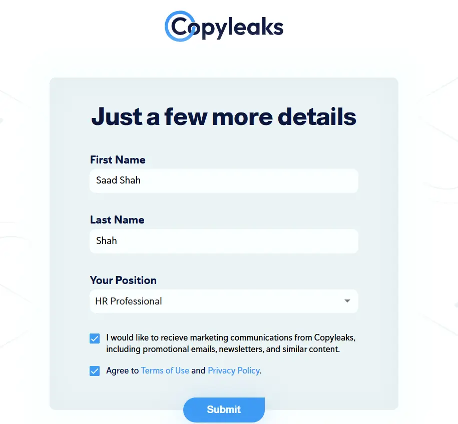 Copyleaks account create information
