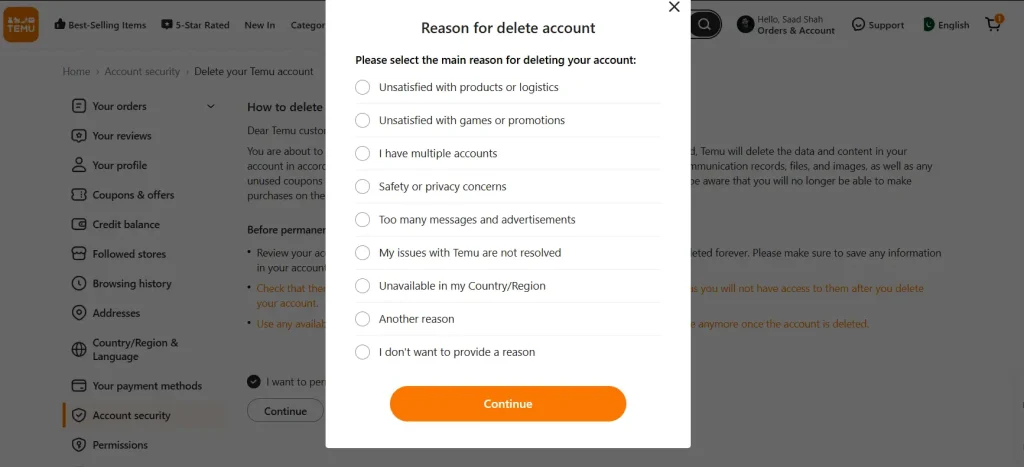 Select any reason and hit click the Continue button again.