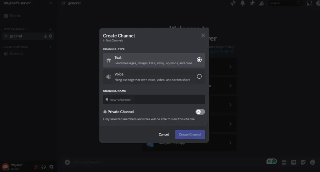 choose the channel type as Text and enter the channel name