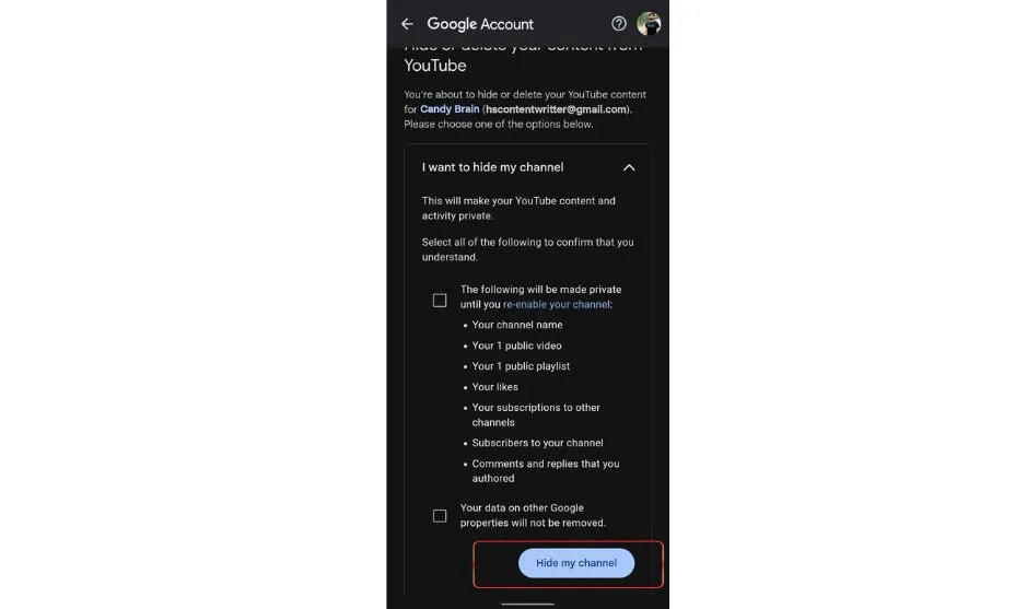Fill the box and Click on “Hide My channel”
