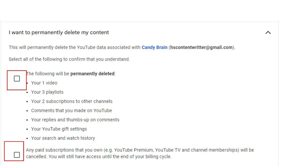 Now click all the boxes to ensure you are willing to delete your account