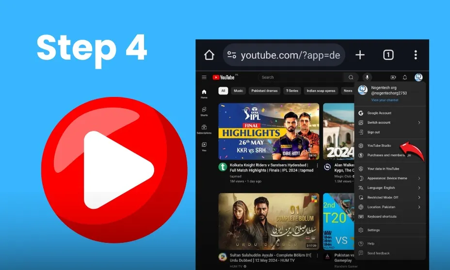 Open the YouTube Dashboard on Android 4