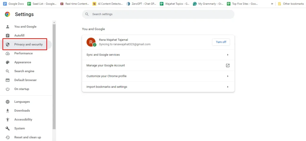 Privacy and Security button