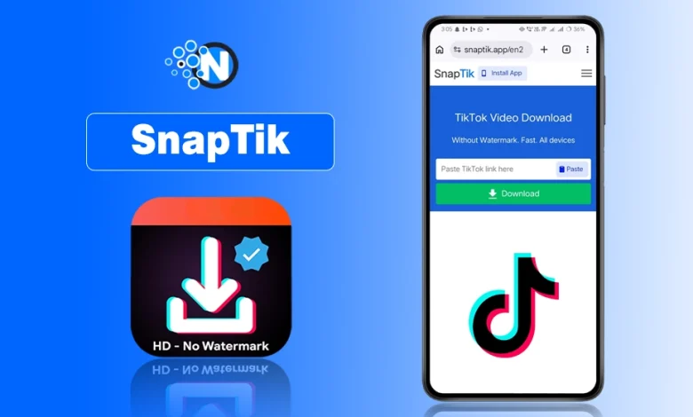 SnapTik website interface on a mobile phone showing how to download TikTok videos without watermarks.