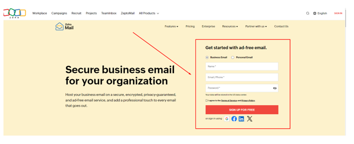 Zoho Mail Account creation 