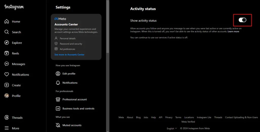 Activity status on or off