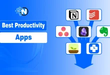 Graphic titled ‘Best Productivity Apps’ showing icons of Notion, Todoist, Asana, Obsidian, Evernote, Forest, and Toggl Track on a blue background with a branching arrow design.