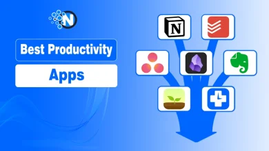 Graphic titled ‘Best Productivity Apps’ showing icons of Notion, Todoist, Asana, Obsidian, Evernote, Forest, and Toggl Track on a blue background with a branching arrow design.