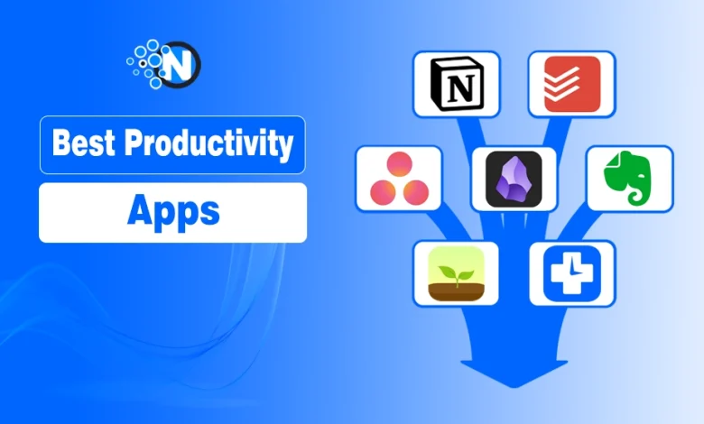 Graphic titled ‘Best Productivity Apps’ showing icons of Notion, Todoist, Asana, Obsidian, Evernote, Forest, and Toggl Track on a blue background with a branching arrow design.