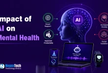 Impact of AI on mental health showing AI brain technology, emotional support tools, anxiety, productivity, and social isolation
