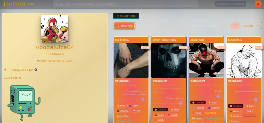 Select a character, click to open its profile, and scroll to start chatting
