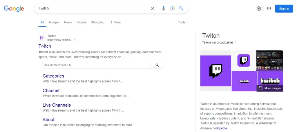 On the results page, click on the official website, https://www.twitch.tv/