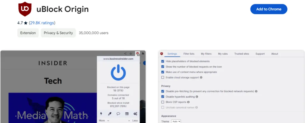 uBlock Origin Chrome Extention Screenshot